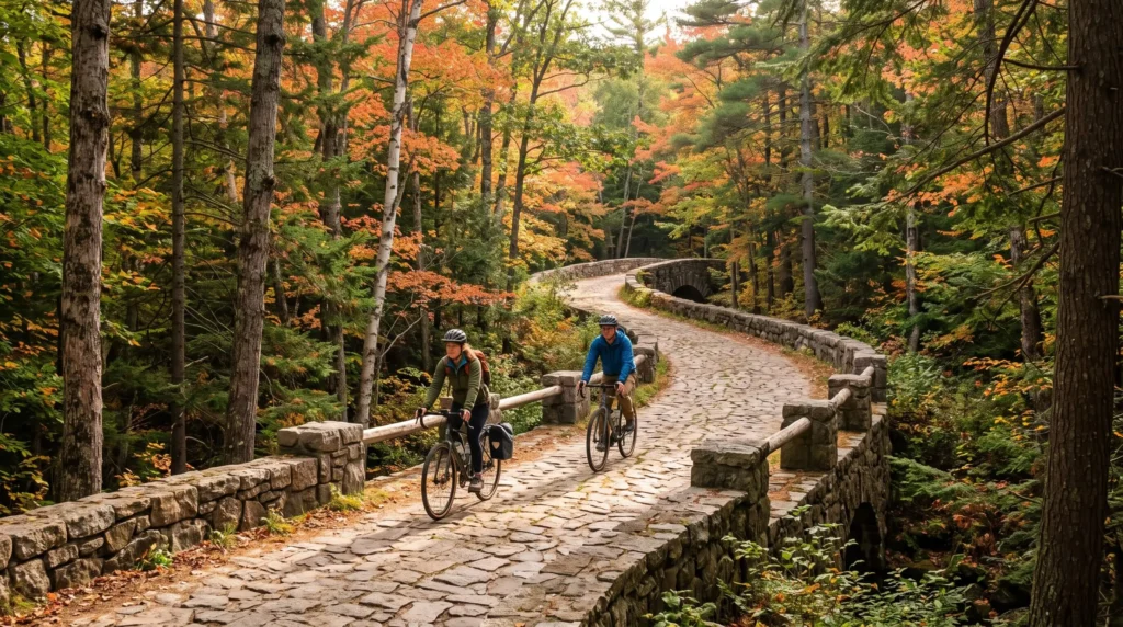 Things to Do in Bar Harbor, Maine 6 Cyclists riding a stone carriage road through the forest