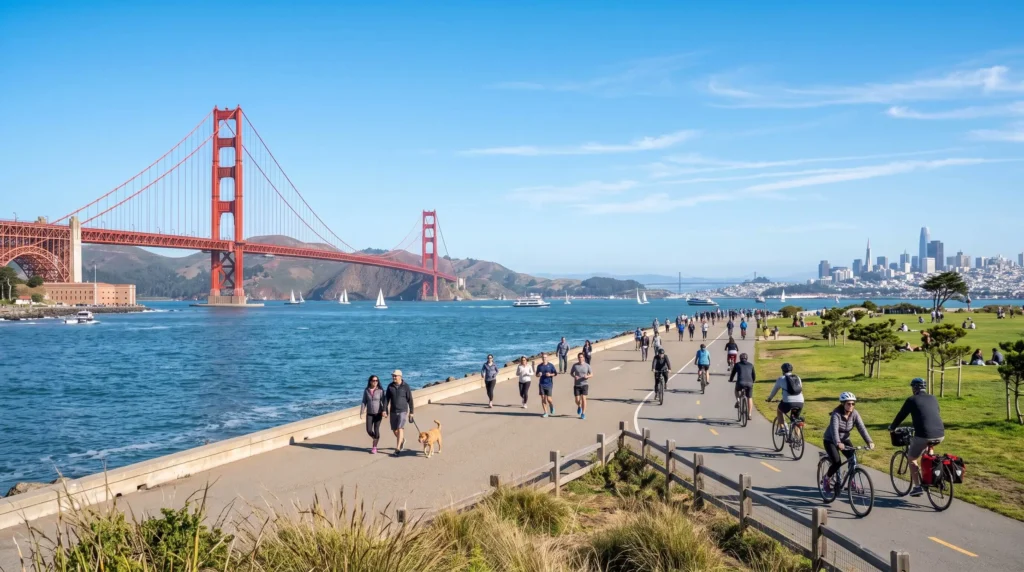 Things to Do in San Francisco, California 3 Golden Gate Promenade at Crissy Field with the Golden Gate Bridge in the distance