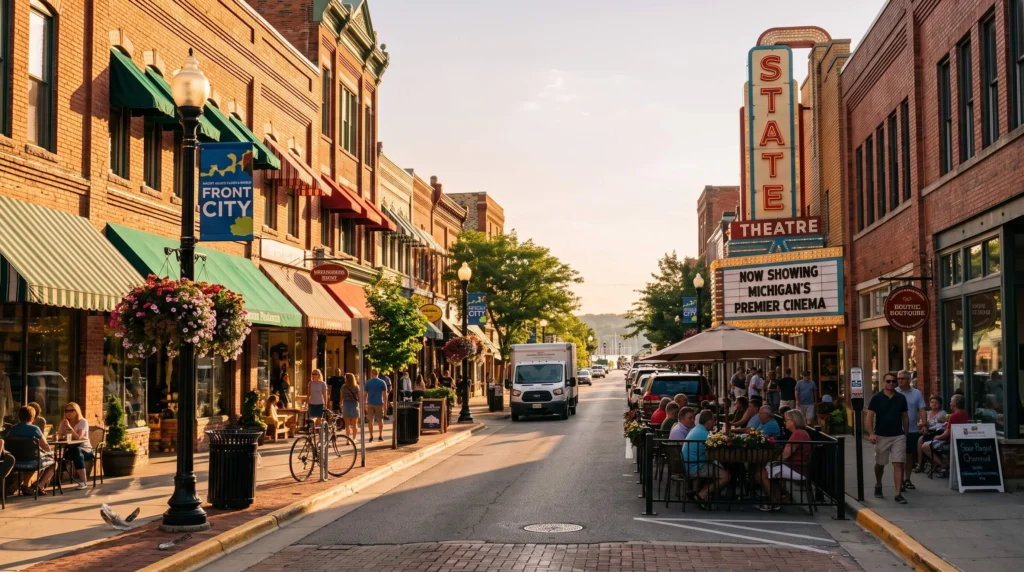Things to Do in Traverse City, Michigan 2 Front Street storefronts and patios lit up at dusk in downtown Traverse City