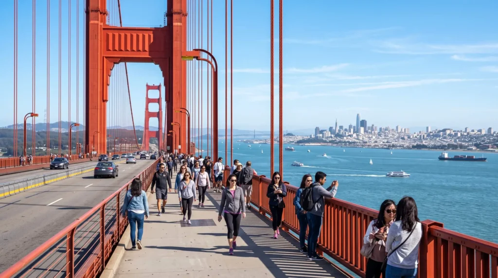 Things to Do in San Francisco, California 2 Pedestrians walking along the Golden Gate Bridge sidewalk on a clear day