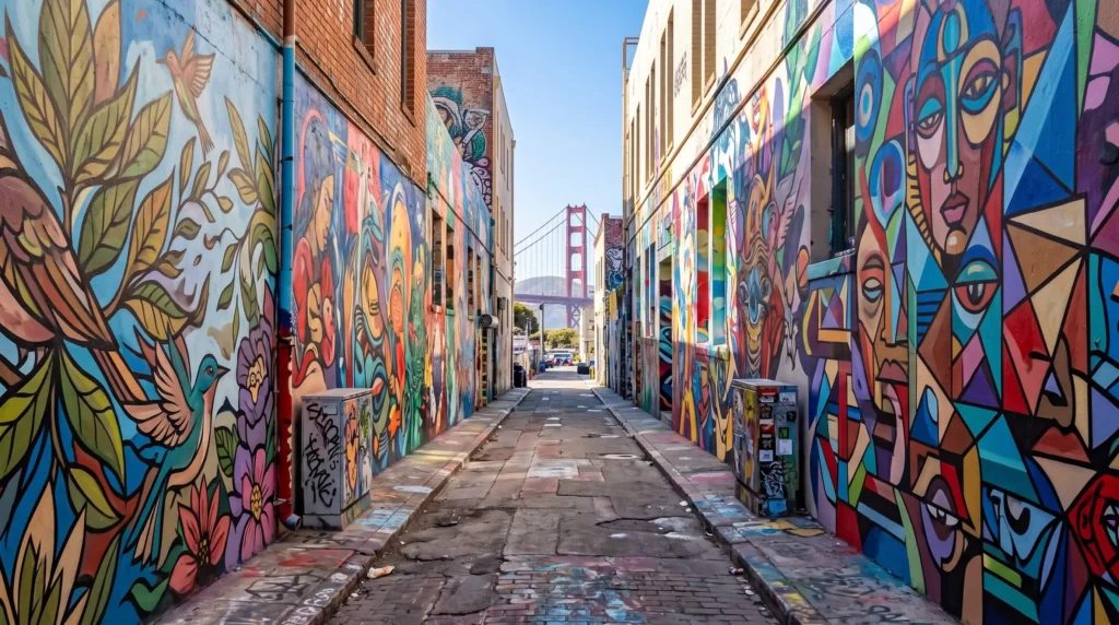 Things to Do in San Francisco, California 10 Colorful murals covering the walls of an alley in the Mission District