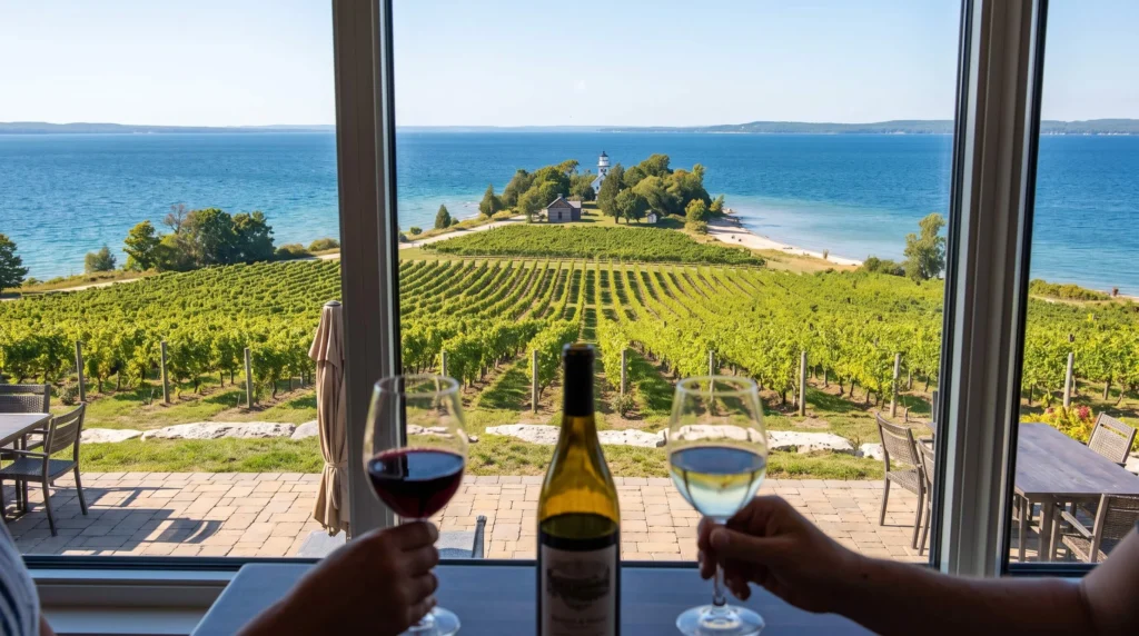 Things to Do in Traverse City, Michigan 4 Vineyard rows on a hillside overlooking a bay on Old Mission Peninsula