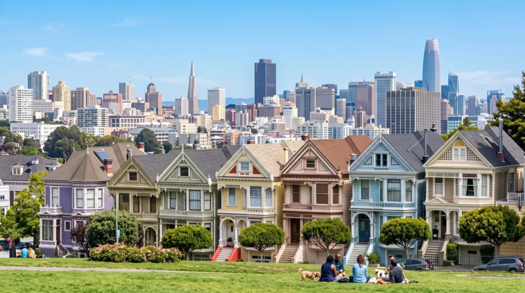 Things to Do in San Francisco, California 5 Row of colorful Victorian houses at Alamo Square with the city skyline behind