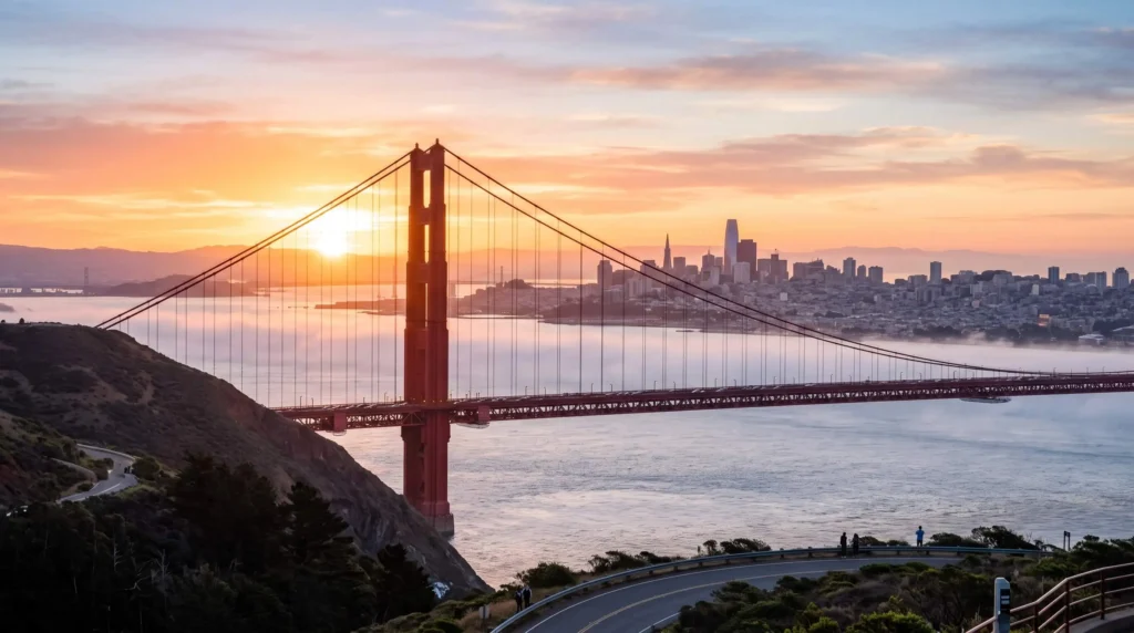 Things to Do in San Francisco, California 15 Golden Gate Bridge and the San Francisco skyline at sunrise