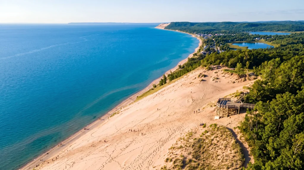 Things to Do in Traverse City, Michigan 3 Hikers on a tall sand dune above Lake Michigan at Sleeping Bear Dunes
