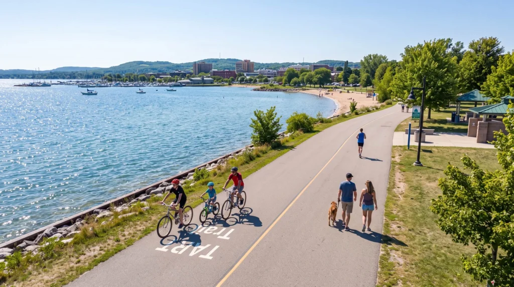 Things to Do in Traverse City, Michigan 7 Cyclists riding a paved trail beside a bay beach on the TART Trail