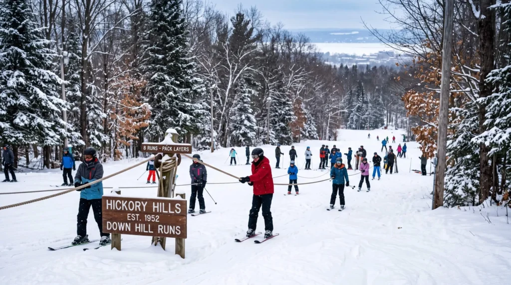 Things to Do in Traverse City, Michigan 11 Skiers on a snowy hill with pine trees in northern Michigan