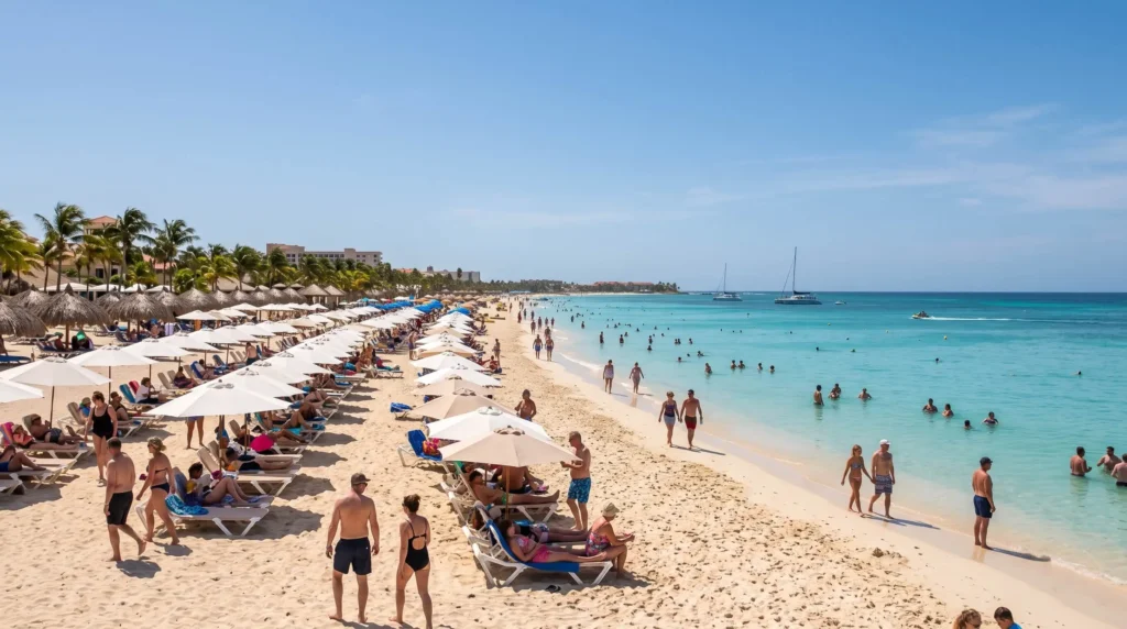 Best Time to Travel to Aruba Month by Month for Weather, Crowds and Prices 2 Palm Beach in Aruba during high season