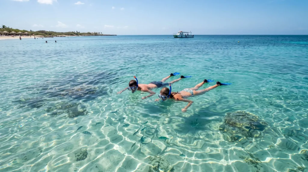 Best Time to Travel to Aruba Month by Month for Weather, Crowds and Prices 3 Snorkelers in clear turquoise water off Aruba