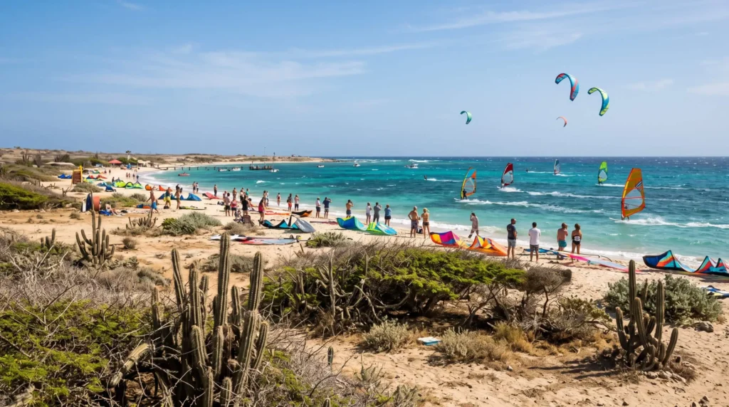 Best Time to Travel to Aruba Month by Month for Weather, Crowds and Prices 4 Windsurfers at Hadicurari Beach in Aruba