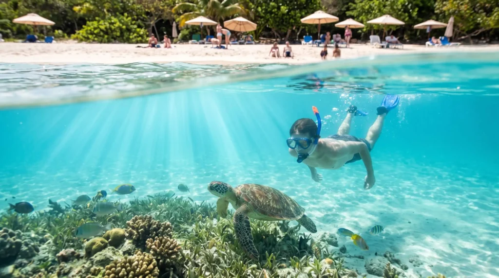 Things to Do in St Thomas Virgin Islands From Beaches to Forts and Ferries 3 Snorkeler near the shore at Coki Beach on St. Thomas with coral and a sea turtle below