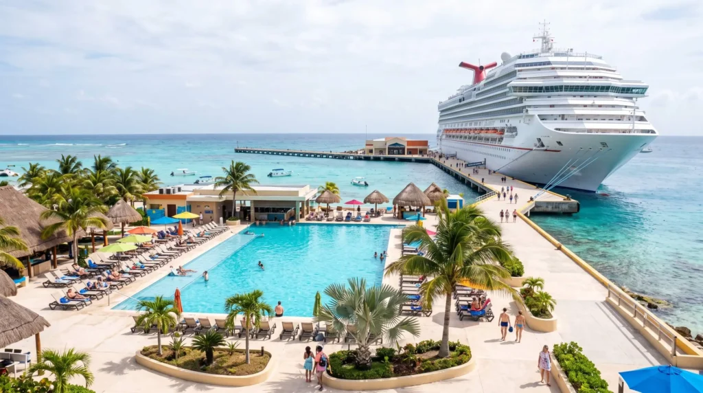 Things to Do in Costa Maya, Mexico Around the Cruise Port, Reef and Ruins 2 Cruise ship docked at the Costa Maya pier beside the port pool area