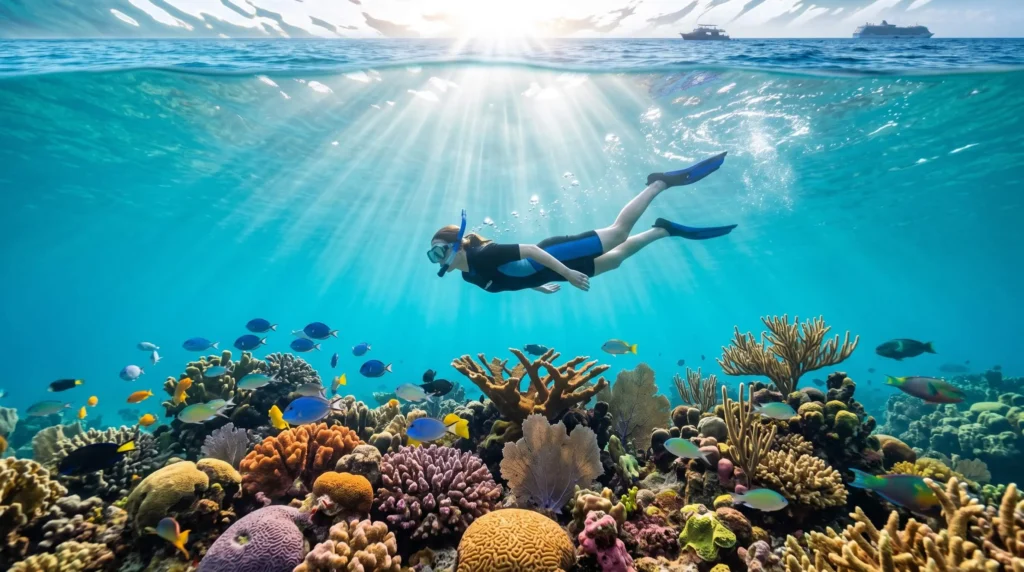 Things to Do in Costa Maya, Mexico Around the Cruise Port, Reef and Ruins 4 Snorkeler floating over coral reef and colorful fish off the Costa Maya coast