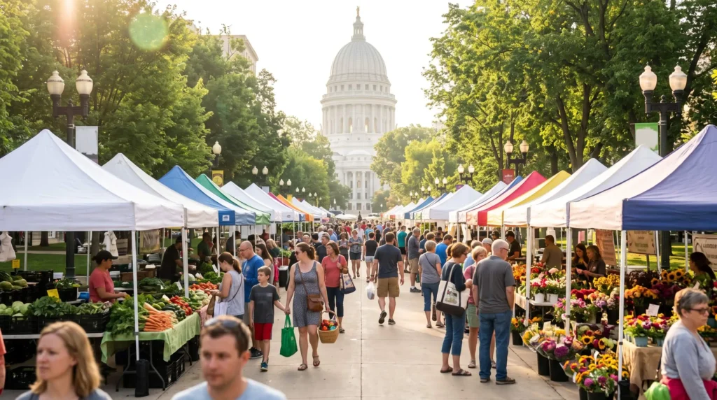 Things to Do in Madison, Wisconsin With Lakes, the Capitol and Cheese Curds 3 Farmers market tents with fresh produce and flowers around Capitol Square in Madison