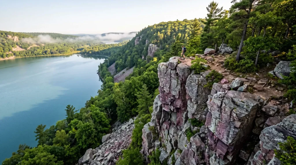 Things to Do in Madison, Wisconsin With Lakes, the Capitol and Cheese Curds 8 Quartzite bluffs rising above the clear glacial lake at Devil’s Lake State Park in Wisconsin