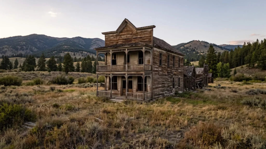 Things to Do in Helena, MT Through Gold Rush History and Mountain Trails 8 Old wooden hall in the Elkhorn ghost town with mountains behind
