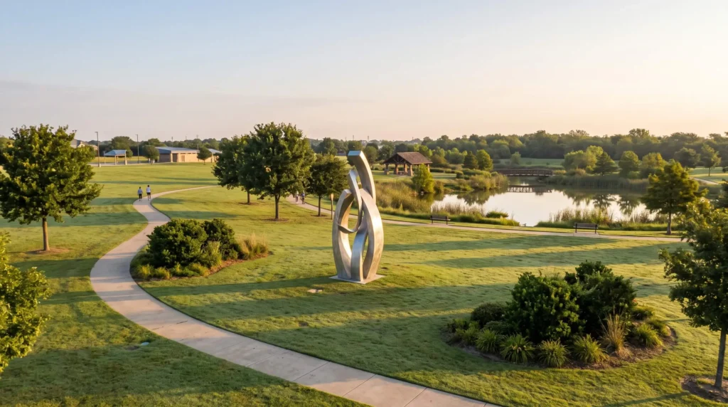 Things to Do in Frisco, TX for Sports, Museums and Parks 7 Modern outdoor sculpture beside a pond and walking trail in Frisco, Texas