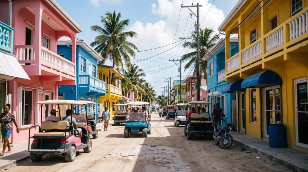 Things to Do in San Pedro, Belize for Reef, Beaches and Island Logistics 4 Golf carts on a colorful street in San Pedro Town, Belize