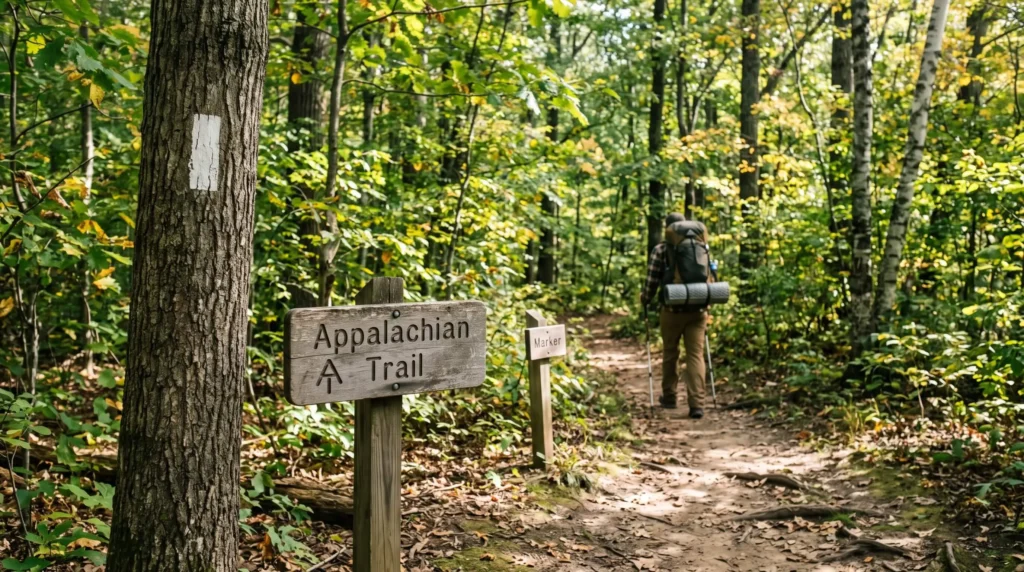 Things to Do in Harpers Ferry for History, Heights and a River Town Day 7 Appalachian Trail white blaze and sign near Harpers Ferry