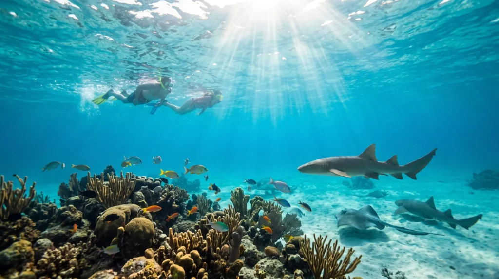 Things to Do in San Pedro, Belize for Reef, Beaches and Island Logistics 2 Snorkeler over coral reef with fish and a nurse shark at Hol Chan Marine Reserve in Belize