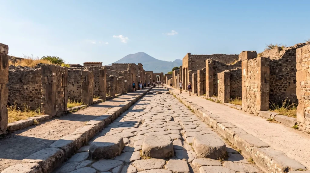 10 Days in Italy by Train Through Rome, Florence and Venice 4 Ancient streets of Pompeii with Mount Vesuvius behind