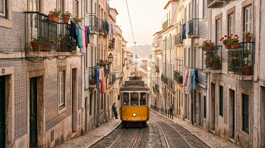 Portugal Itinerary for 10 Days From Lisbon to Porto and the Douro 2 Yellow Tram 28 climbing a cobblestone street in Lisbon’s Alfama district