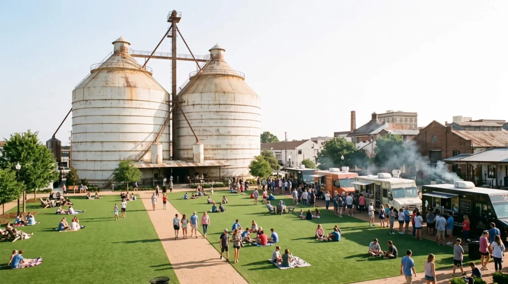 Things to Do in Waco, Texas for Silos, Mammoths and Dr Pepper 2 Magnolia Market silos in Waco with a green lawn, food trucks and crowds