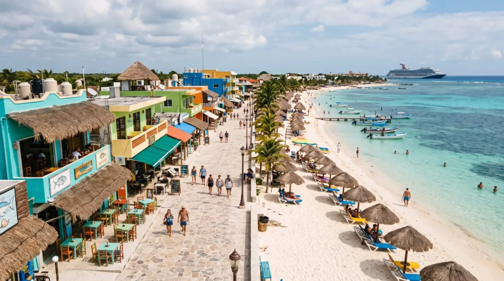 Things to Do in Costa Maya, Mexico Around the Cruise Port, Reef and Ruins 3 Mahahual malecón boardwalk with beach clubs and shallow turquoise water
