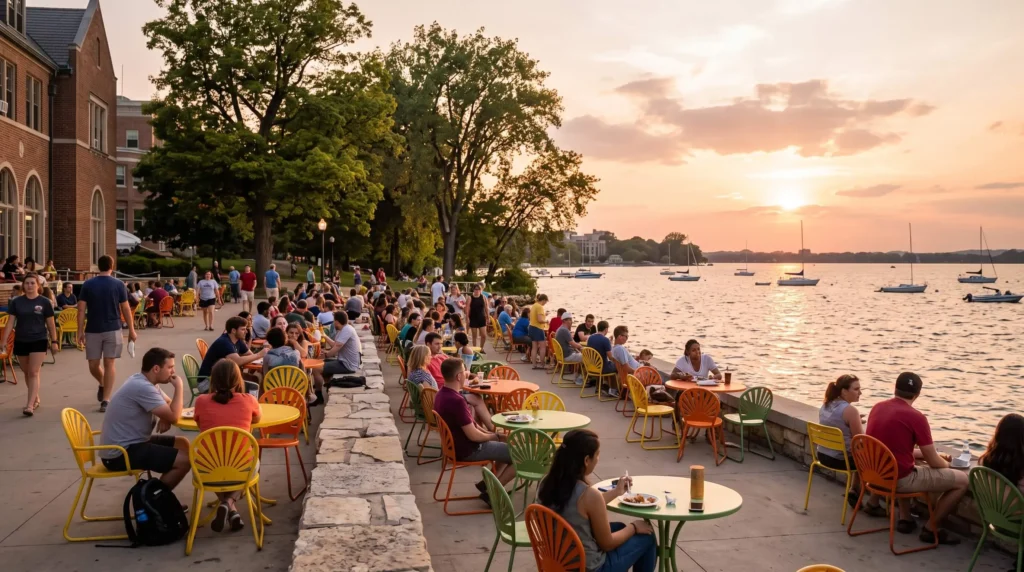 Things to Do in Madison, Wisconsin With Lakes, the Capitol and Cheese Curds 4 Colorful chairs on the Memorial Union Terrace patio beside Lake Mendota at sunset