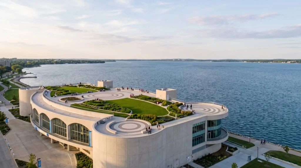 Things to Do in Madison, Wisconsin With Lakes, the Capitol and Cheese Curds 6 Curved rooftop garden of Monona Terrace overlooking Lake Monona in Madison