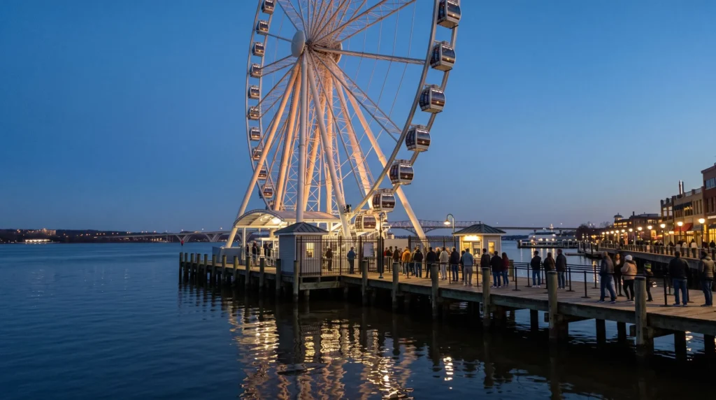 Things to Do at National Harbor With a Wheel, Waterfront and Free Evenings 2 Capital Wheel at National Harbor against a dusk sky