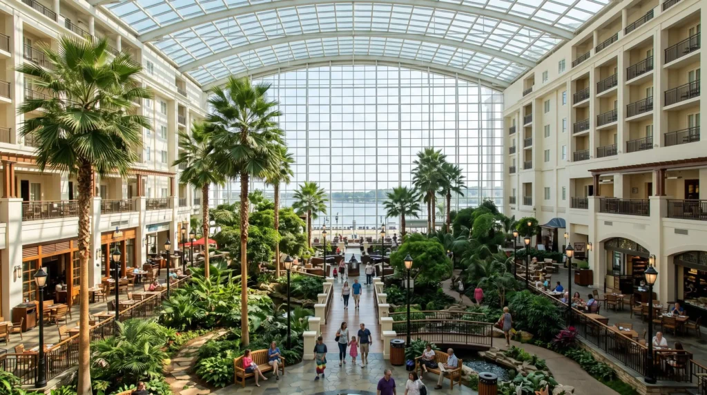 Things to Do at National Harbor With a Wheel, Waterfront and Free Evenings 4 Glass atrium inside a large resort at National Harbor