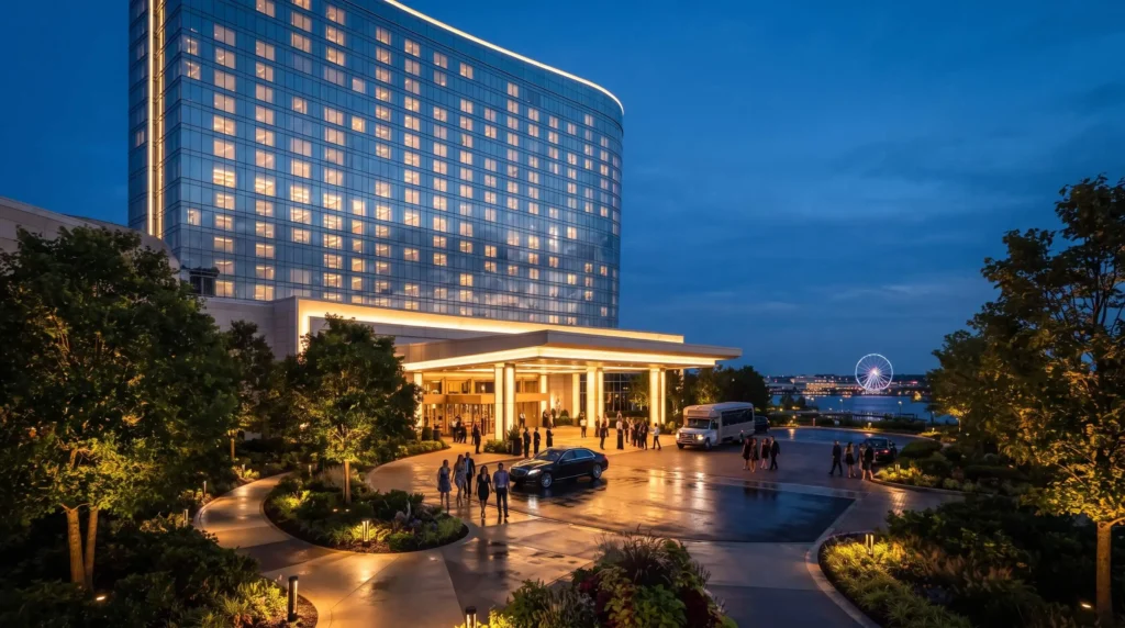 Things to Do at National Harbor With a Wheel, Waterfront and Free Evenings 5 Casino resort exterior at National Harbor in the evening