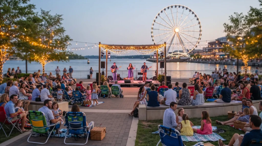 Things to Do at National Harbor With a Wheel, Waterfront and Free Evenings 7 Live music evening on the plaza at National Harbor