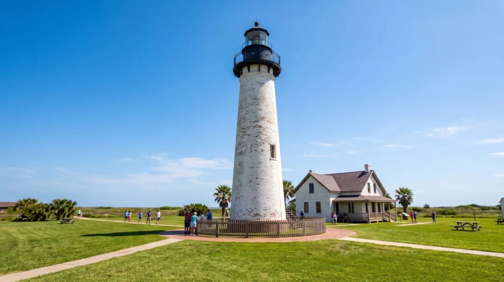 Things to Do in South Padre Island, Texas With Beaches, Birds and Sea Turtles 6 Brick Port Isabel Lighthouse tower and keeper’s cottage under a blue sky in Texas