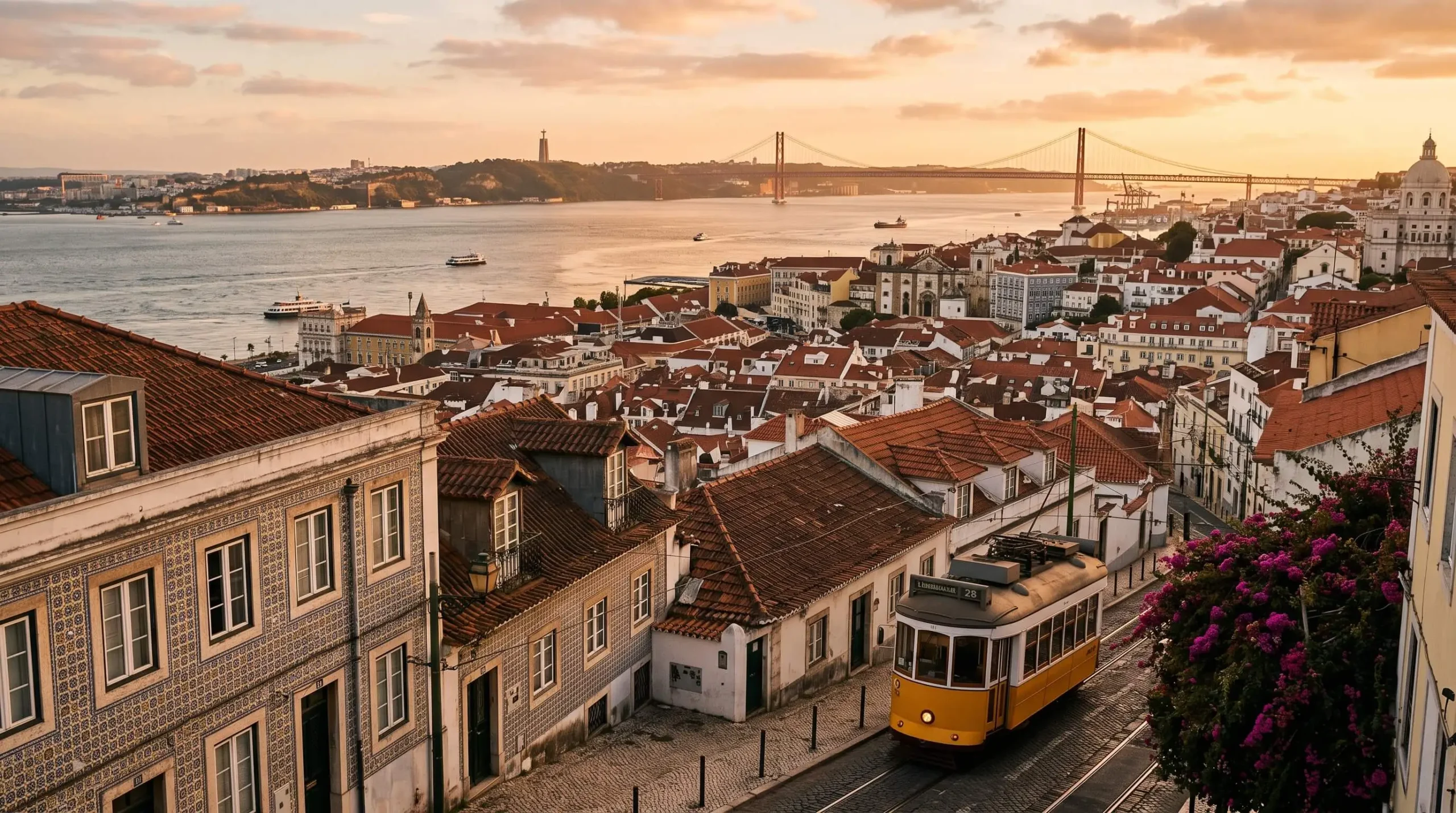 Rooftops and hills of Lisbon at golden hour, a starting point for a Portugal itinerary