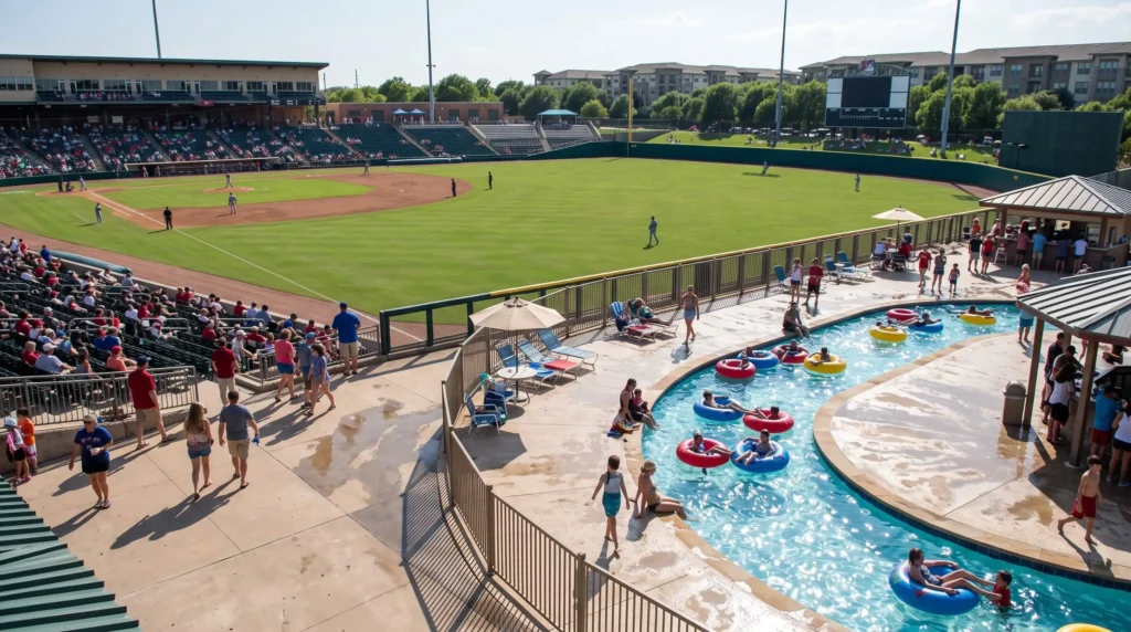 Things to Do in Frisco, TX for Sports, Museums and Parks 4 Riders Field baseball park in Frisco with the outfield lazy river and fans on tubes