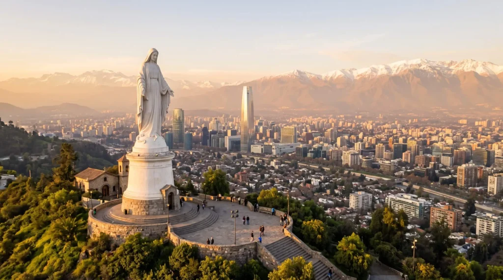 Things to Do in Santiago, Chile Across Hills, Museums and Wine Country 3 White Virgin Mary statue on San Cristóbal Hill above Santiago with the Andes beyond