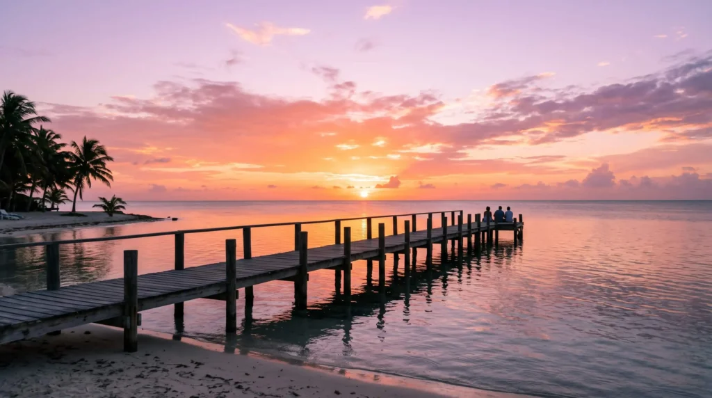 Things to Do in San Pedro, Belize for Reef, Beaches and Island Logistics 5 Wooden dock at sunset with orange and pink sky over calm water in San Pedro, Belize
