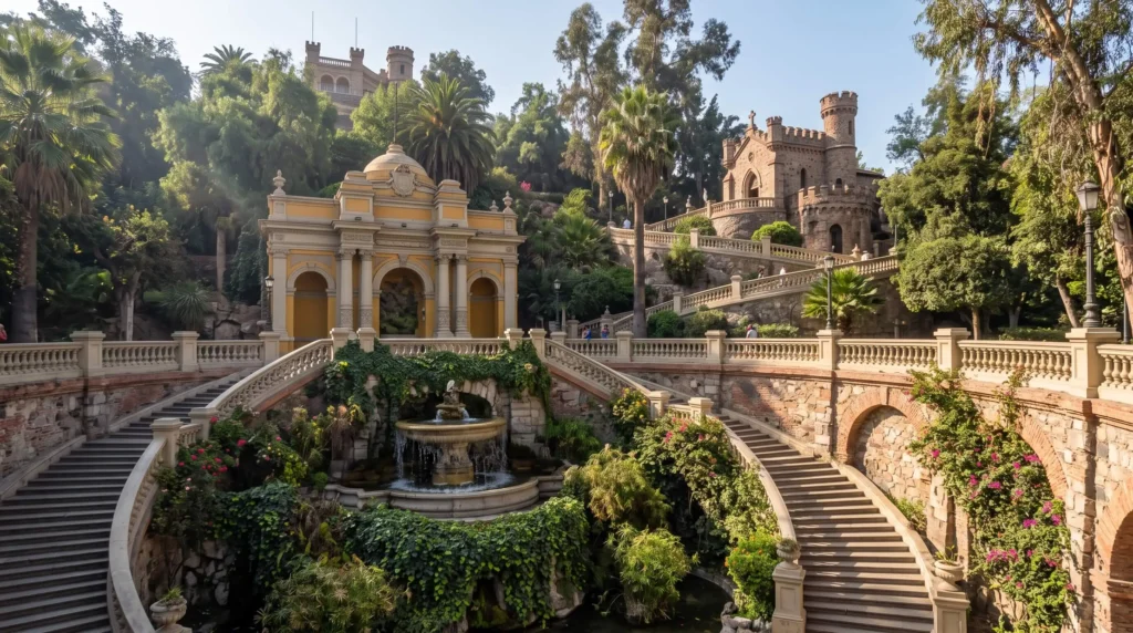 Things to Do in Santiago, Chile Across Hills, Museums and Wine Country 2 Yellow and white terraces, fountains and stone stairs on Santa Lucía Hill in Santiago