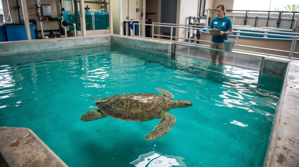 Things to Do in South Padre Island, Texas With Beaches, Birds and Sea Turtles 2 Green sea turtle swimming in a rescue tank at Sea Turtle, Inc. on South Padre Island