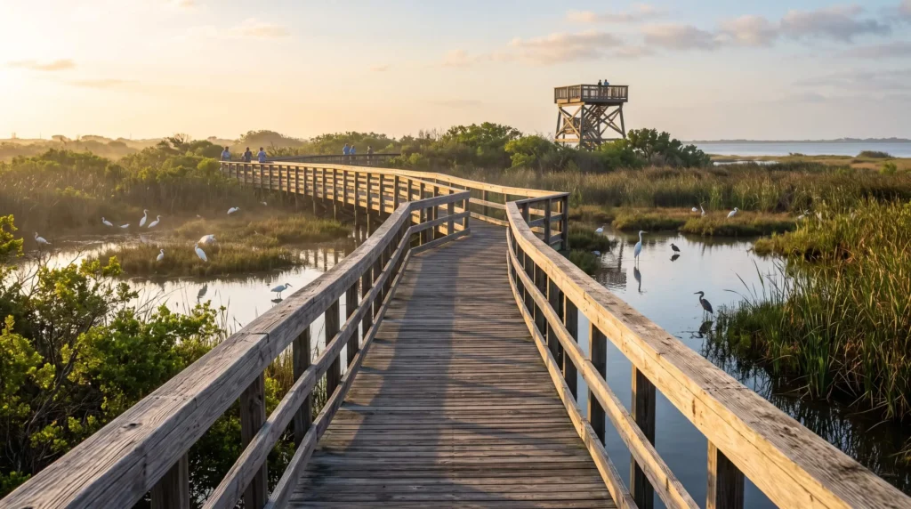 Things to Do in South Padre Island, Texas With Beaches, Birds and Sea Turtles 3 Wooden boardwalk and observation tower over the Laguna Madre wetlands on South Padre Island