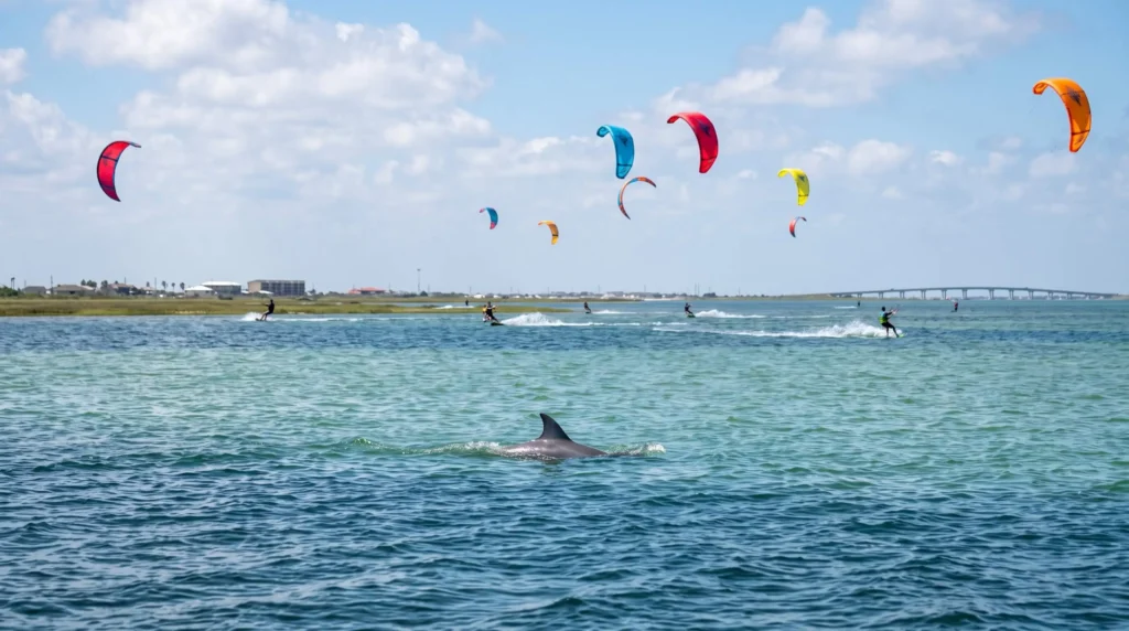 Things to Do in South Padre Island, Texas With Beaches, Birds and Sea Turtles 5 Colorful kiteboarders on Laguna Madre with a dolphin fin in the water near South Padre Island