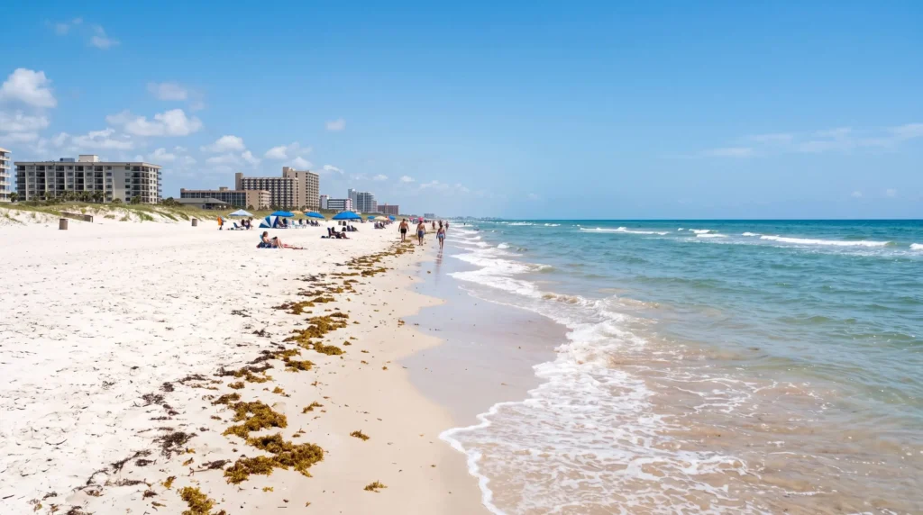 Things to Do in South Padre Island, Texas With Beaches, Birds and Sea Turtles 4 Wide white sand Gulf beach on South Padre Island with a line of seaweed at the waterline