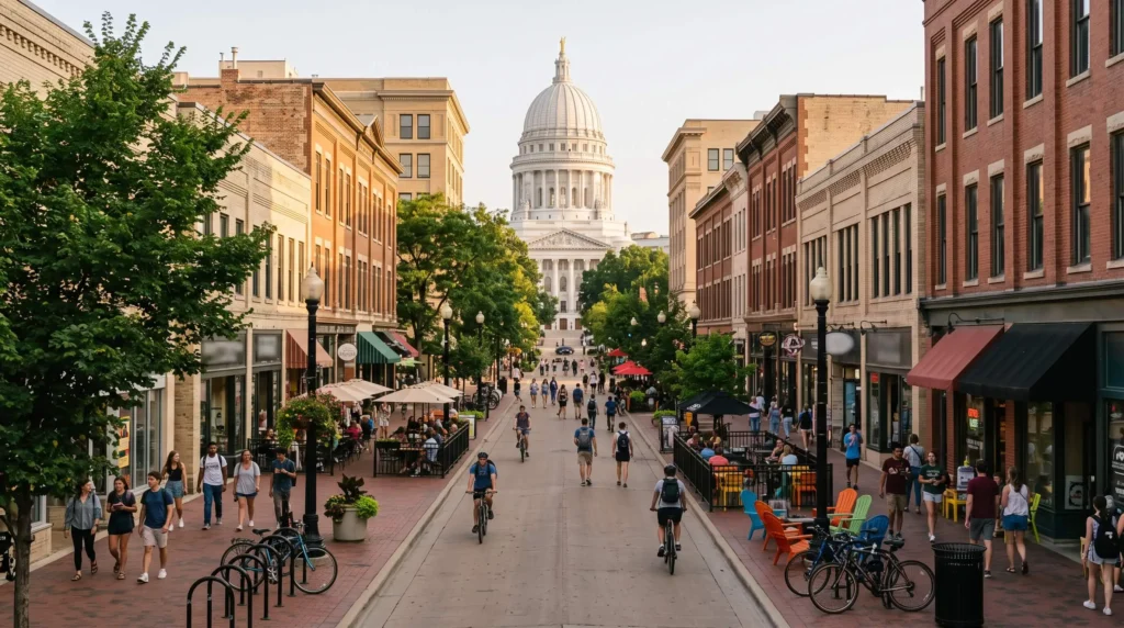 Things to Do in Madison, Wisconsin With Lakes, the Capitol and Cheese Curds 5 Pedestrian shopping street in Madison leading toward the Capitol dome