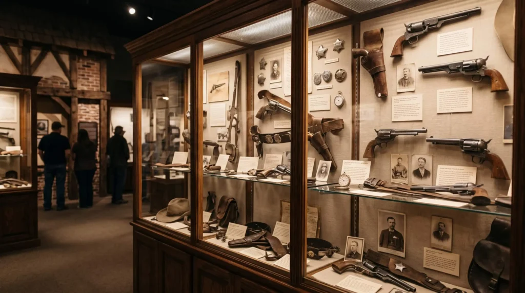 Things to Do in Waco, Texas for Silos, Mammoths and Dr Pepper 6 Glass cases with old revolvers and badges at the Texas Ranger Hall of Fame and Museum in Waco