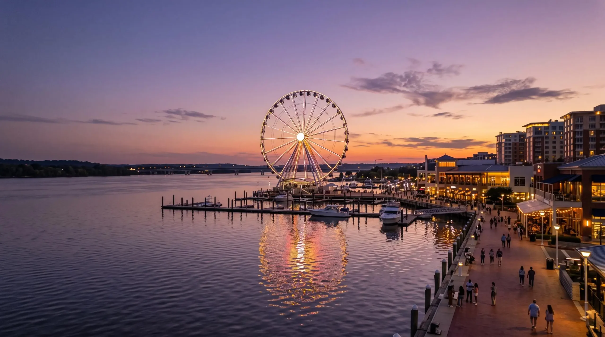 Things to do at National Harbor with the Capital Wheel at dusk