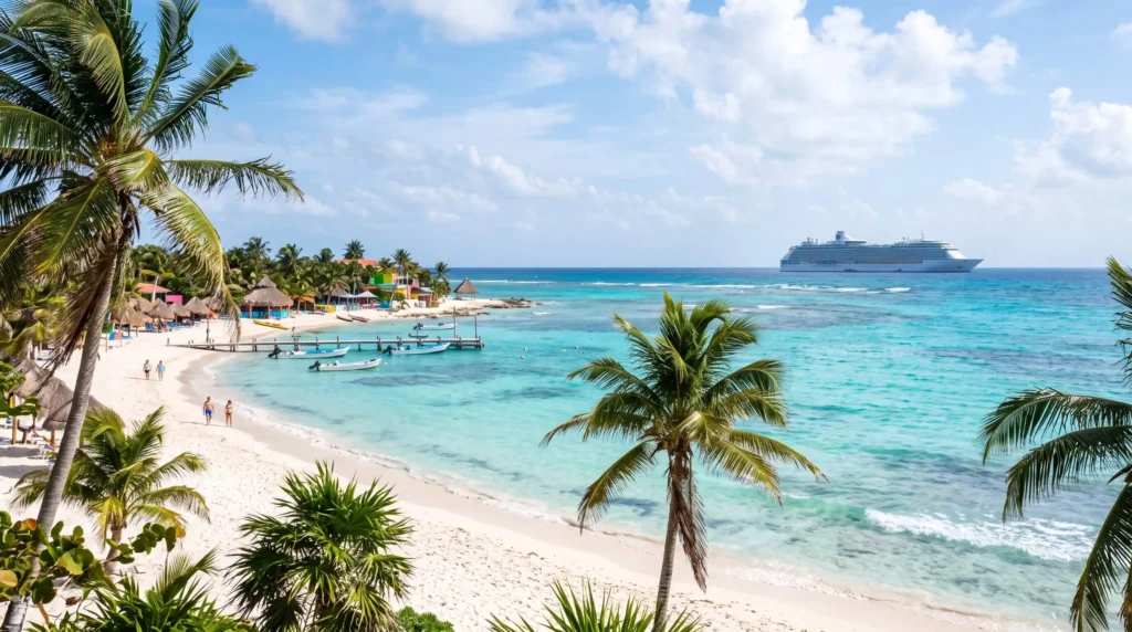 Things to Do in Costa Maya, Mexico Around the Cruise Port, Reef and Ruins 15 Turquoise Caribbean water and white sand on the Costa Maya coast with a cruise ship on the horizon