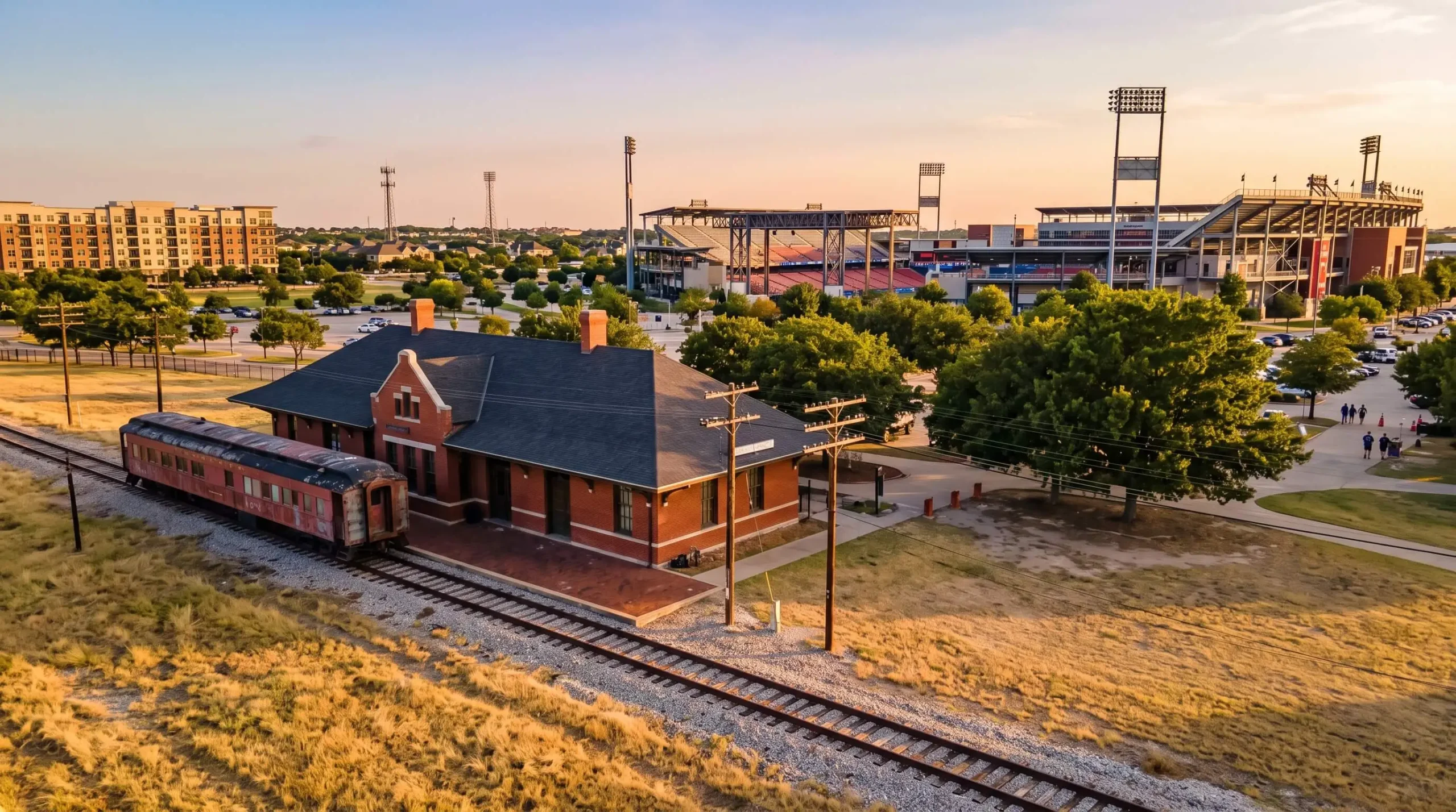 Frisco, Texas with a historic railway depot in front of a floodlit stadium at golden hour