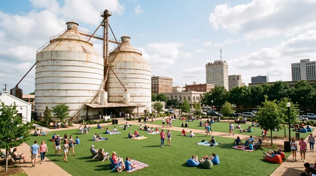 Things to Do in Waco, Texas for Silos, Mammoths and Dr Pepper 7 Two large white grain silos with a lawn full of visitors and the Waco skyline behind them